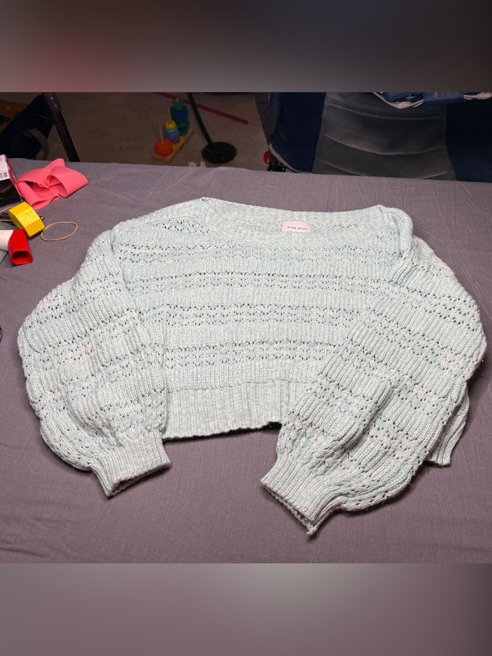 Pink Rose Mint Green Open-Knit cropped Crewneck Sweater